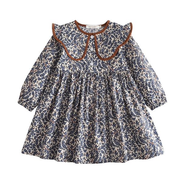 Odeerbi Niñas Vestido Floral Primavera Otoño Cuello Peter Pan Vestido Algodón Cuello Redondo Manga Larga