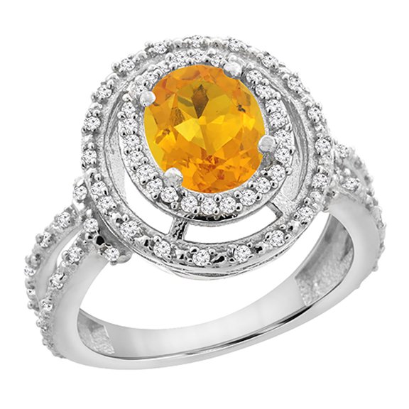 14K White Gold Natural Citrine Ring Oval 8x6 mm Double Halo Diamond, size 9.5