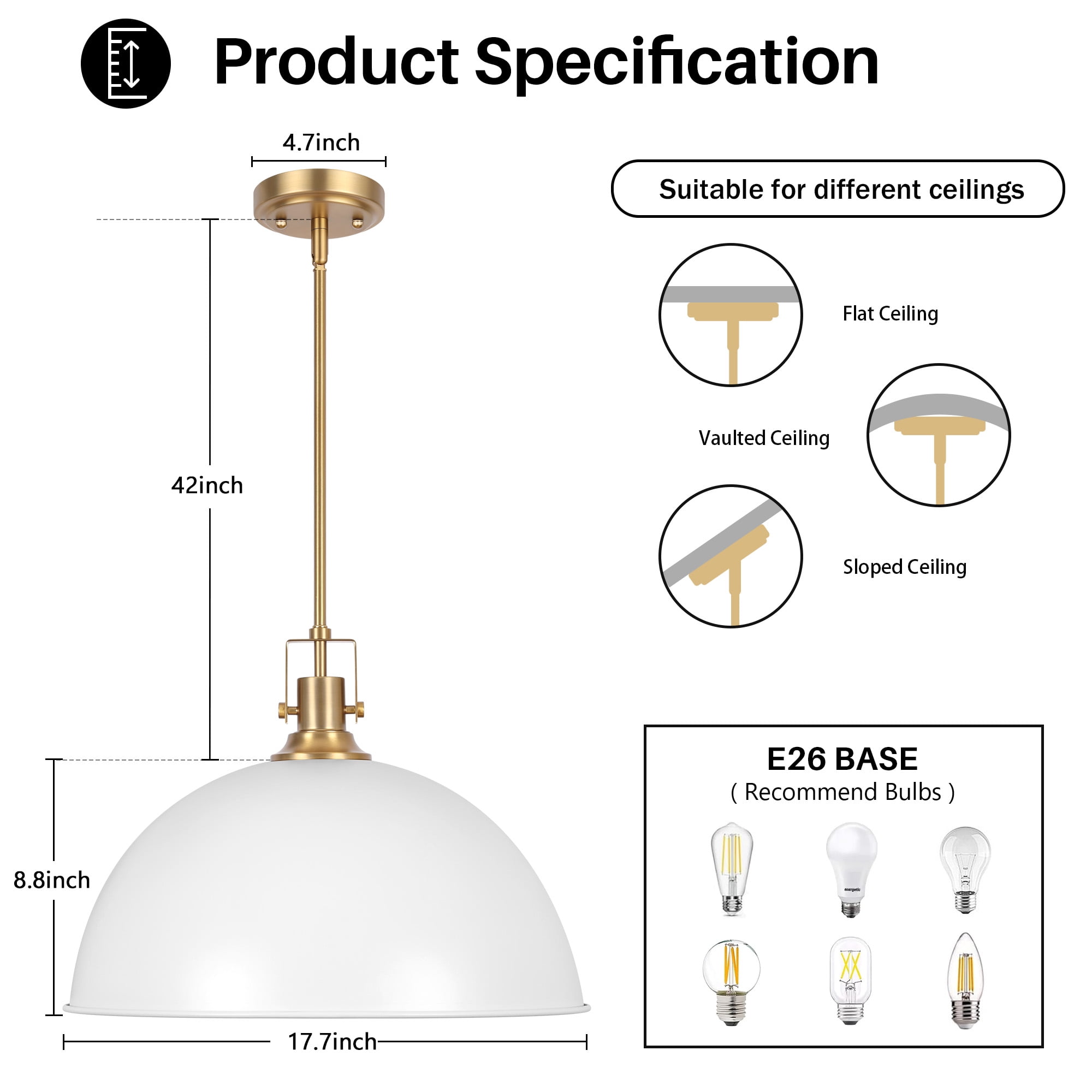 Modern Pendant Light, 18"Farmhouse Pendant Light Industrial Large Dome White and Gold Chandelier Ceiling Hanging Lighting for Dining Room Kitchen Island Bar Hallway Entryway