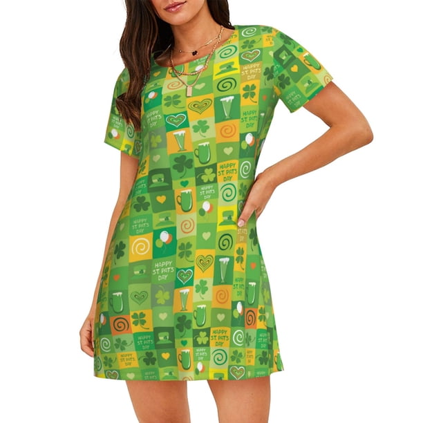Fotbe St. Patrick's day Bata de Dormir para Mujer con Estampado, Camisón de Algodón de Manga Corta, Ropa de Dormir Casual