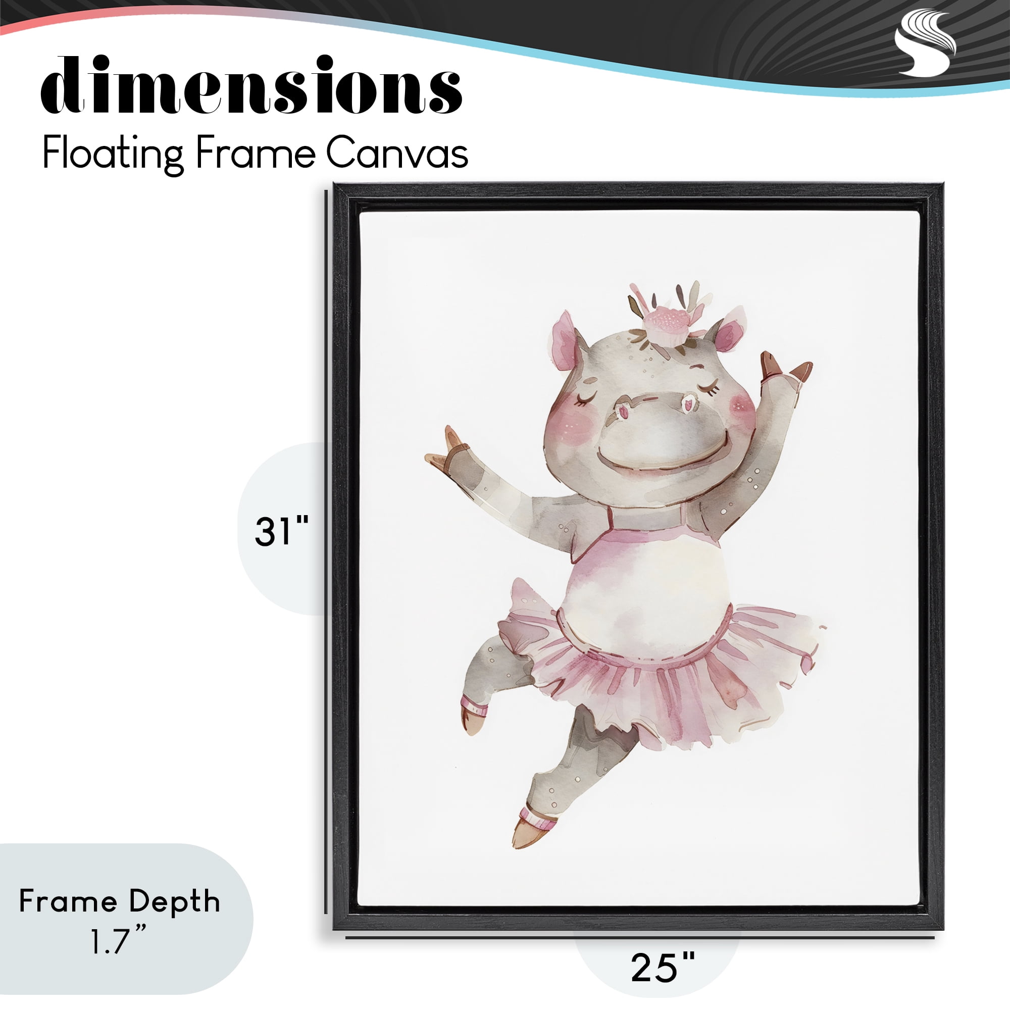 Stupell Industries Ballerina Hippo in Tutu Black Framed Floater Canvas Wall Art, design by LSR Design Studio