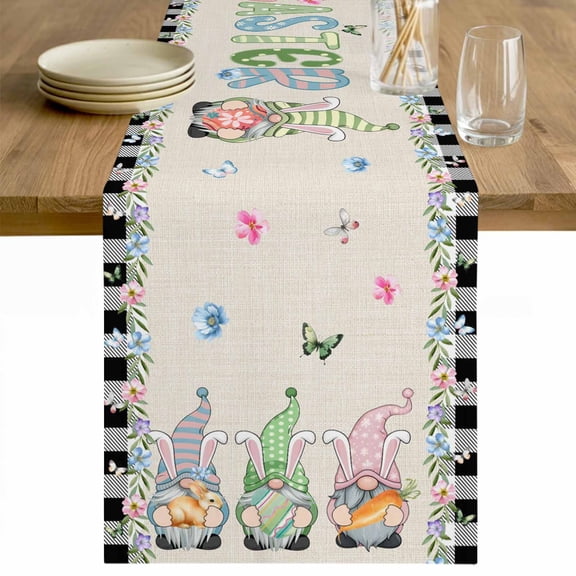 Easter Table Runner 36 Inches Long Farmhouse Dress Scarves, Vintage Farmhouse Gnomes Bunny Colorful Eggs Flower Dining Tablerunner for Coffee Table/Kitchen Island/Party Décor, Small 13" x 36"