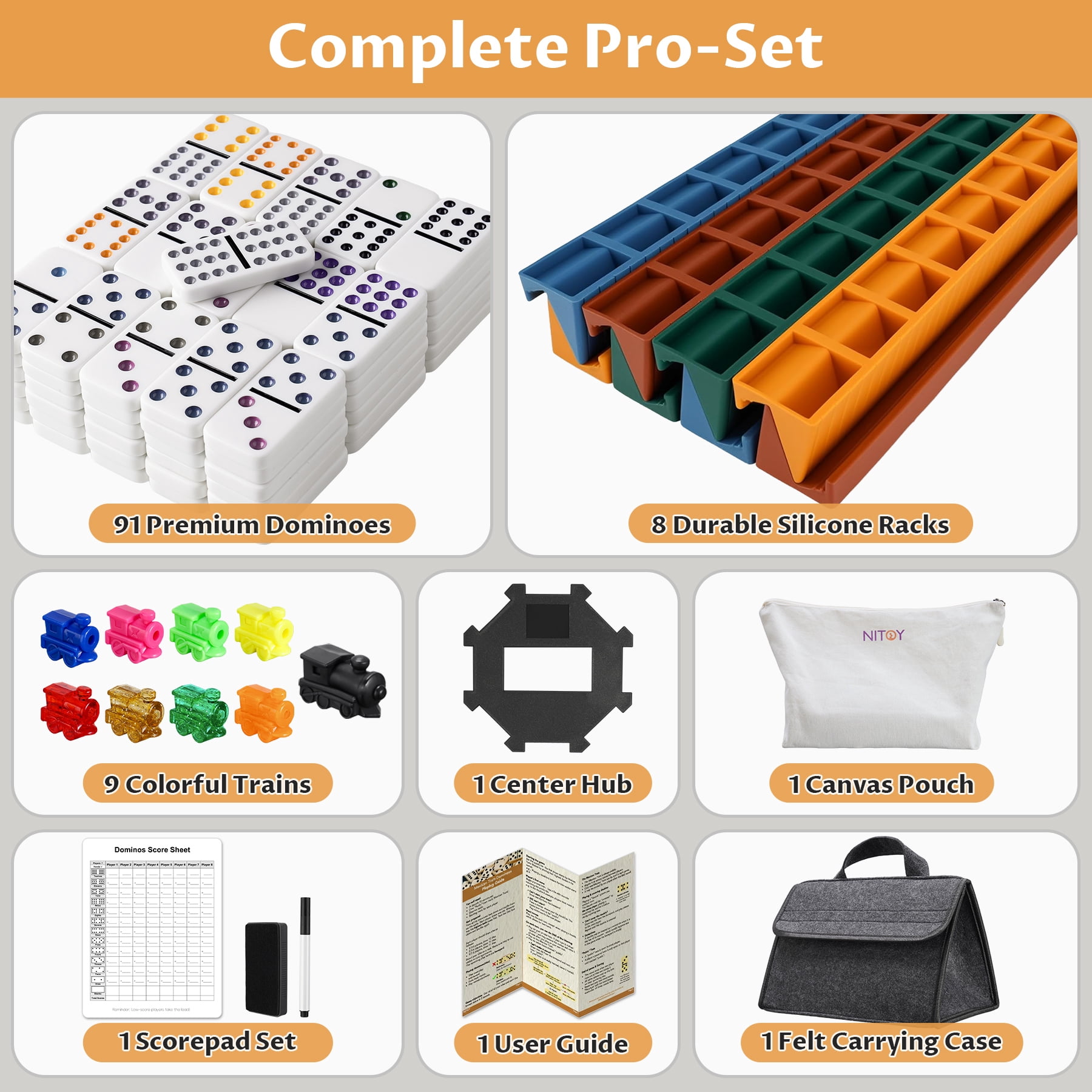 Mexican Train Dominoes Set for Adults, Double 12 Dominoes with 8 Silicone Racks, 91 Color-Coded Tiles, Hub, 9 Train Markers, Scoreboard & Carry Bags - Classic Family Board Game