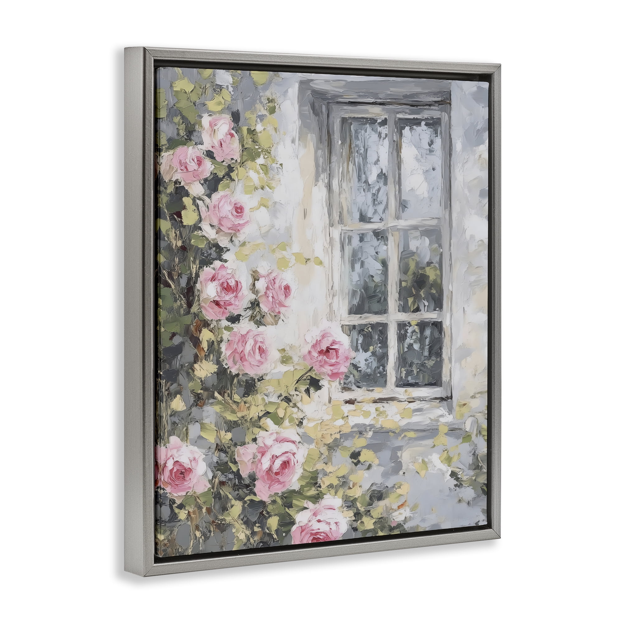 Stupell Industries View Of Roses Cottage Window Gray Framed Floater Canvas Wall Art, design by LSR Design Studio