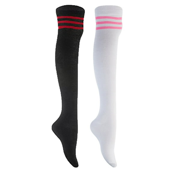 Lian Lifestyle Women's 2 Pairs Awesome Comfortable Soft Durable Thigh High Cotton Socks  Perfect as Winter & Spring Socks RX02 Size 6-9 Black-Red, White-Pink