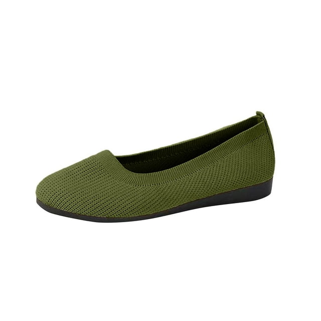 Womens Casual Shoes Large Size Knit Solid Color Simplicity Soft Sole Round Toe Flat Bottom Slip on Lightweight Comfortable Breathable Mesh Walking Shoes Army Green