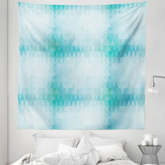 Geometric Tapestry, Abstract Graphic Fractal Aqua Color Palette Triangular Shapes Mosaic, Fabric Wall Hanging Decor for Bedroom Living Room Dorm, 5 Sizes, Turquoise and Pale Blue, by Ambesonne