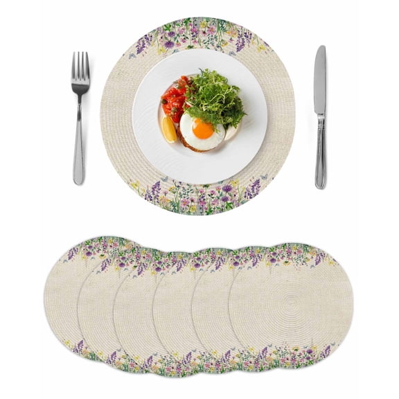 Spring Purple Floral Round 13 Inch Placemats Set of 6, Rustic Flowers Botanical Vintage HeatResistant Non Slip Place Mats for Dining Table, Wipeable Braided Kitchen Table Mats for Housewarming