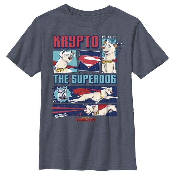 Boy's DC League of Super-Pets Krypto the Superdog Comic  Graphic Tee Navy Blue Heather Medium