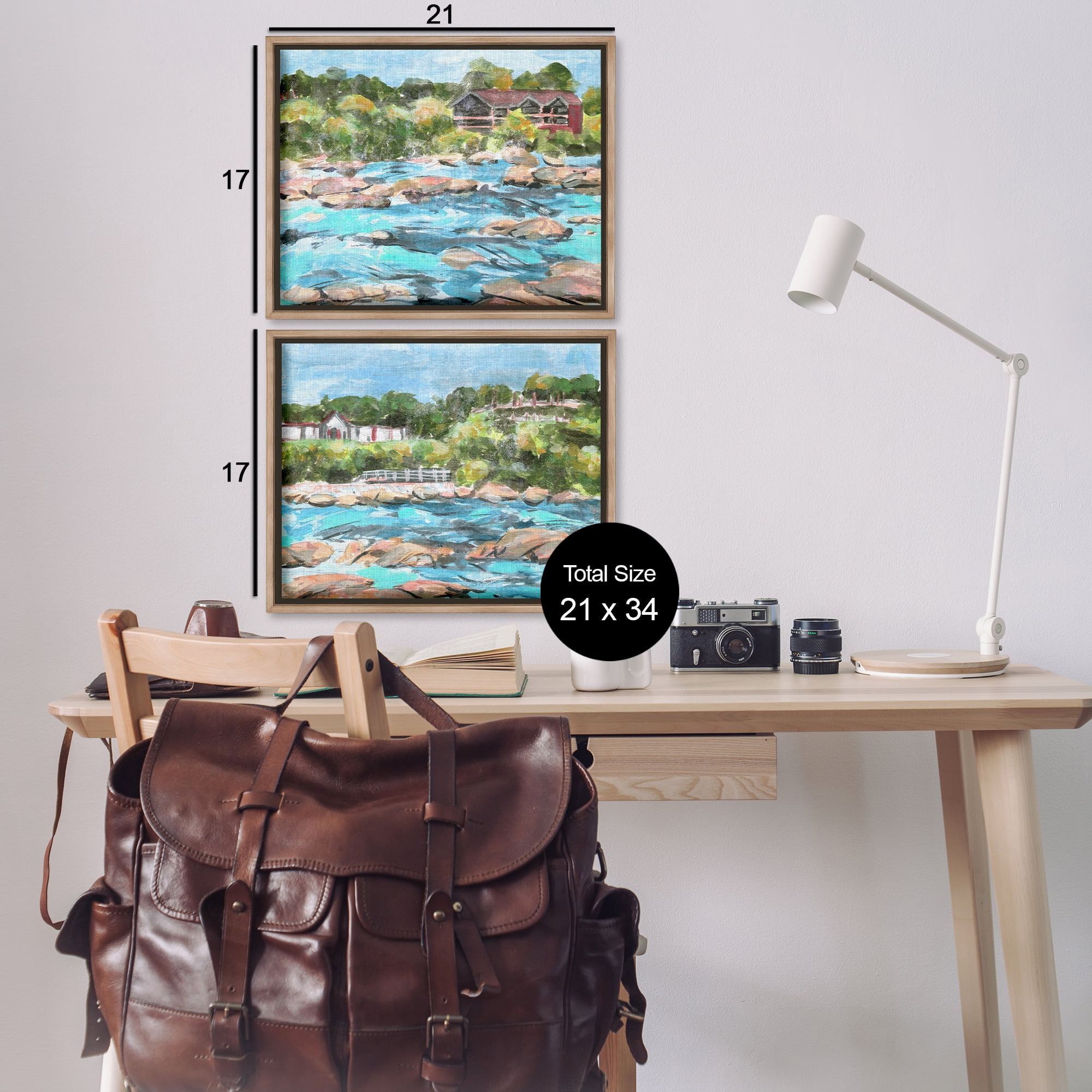 Stupell Industries Flowing River Rocks Nautical & Beach Painting Brown Floater Framed Canvas Art Print Wall Art, 21 x 17, Set of 2