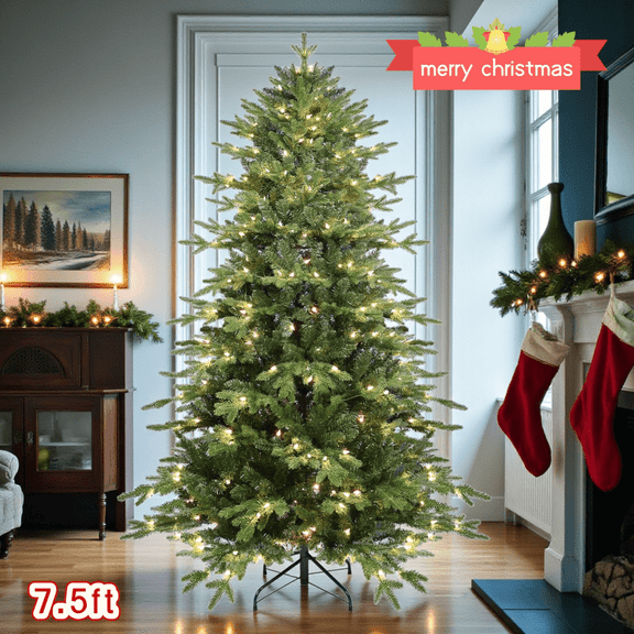 Tcbosik 7.5ft Pre-Lit Artificial Christmas Tree with 350 Warm White Lights, Easy Setup Hinged Xmas Tree with 2142 Tips & Metal Stand, Easy Assembly, Green