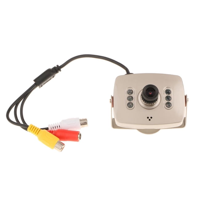 mini cámara de vídeo de vigilancia de seguridad con cable sunnimix dispositivo compacto beige, vista frontal centrada; lente 3.6 mm, cuatro LEDs de visión nocturna visibles a ambos lados, orificio de micrófono y soporte metálico de montaje; cable con conectores AV amarillo (video), blanco (audio) y rojo (alimentación) a la izquierda, adecuada para instalación en pared o estantes y conexión a TV/monitor NTSC/PAL; a menudo usada también para video portero o monitoreo doméstico.