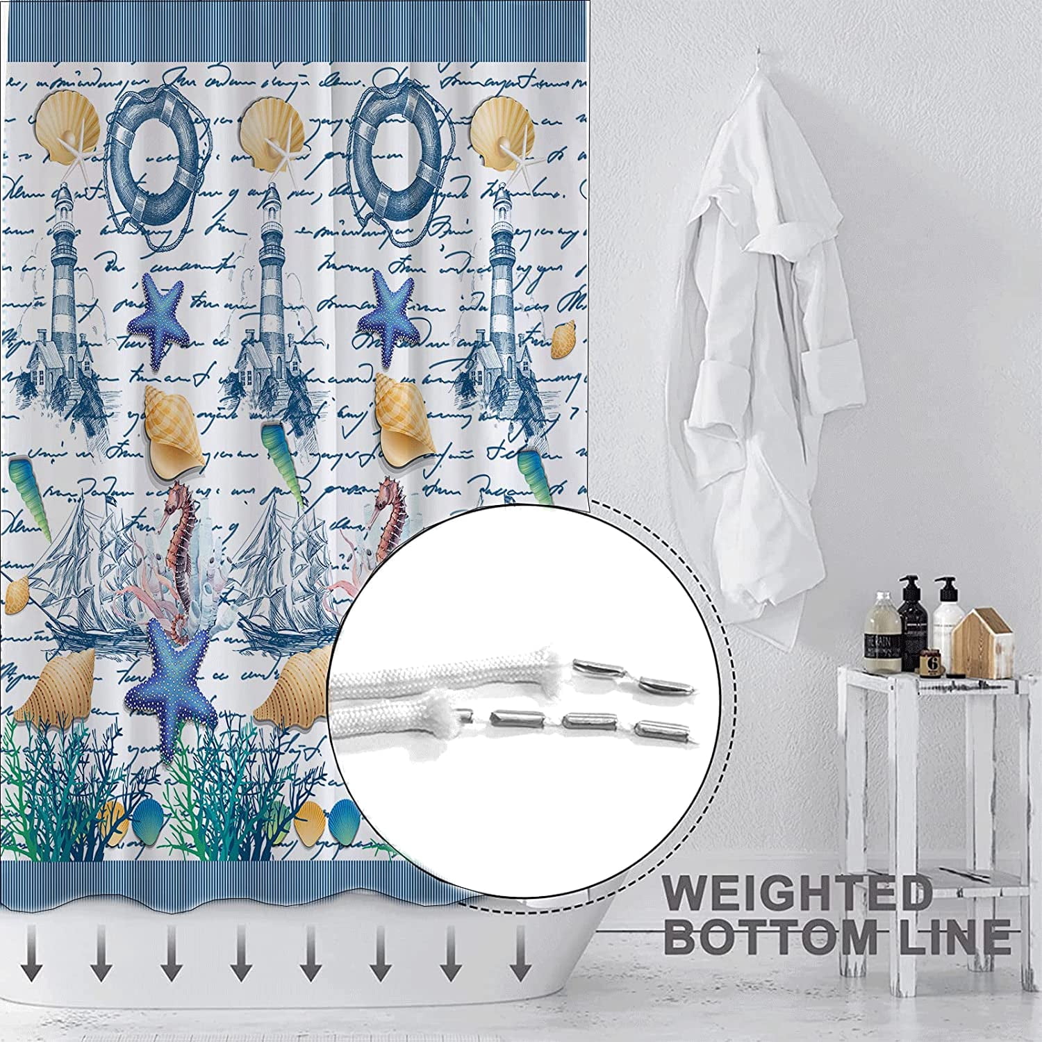 Blue Nautical Shower Curtains,Coastal Lighthouse Shower Curtain Set for Bathroom Waterproof Fabric Stall Bath Curtain with 12 Hooks Rings Extra Long 72x72in