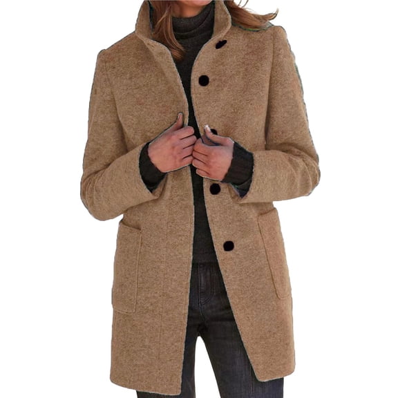Women Winter Long Pea Coat Wool Blend Stand Collar Single Breast Thicken Blazer Jacket Khaki M