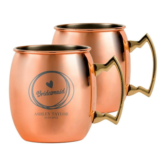 PERSONALIZED Stylish Bridesmaid Ultimate Gift: Custom Engraved Moscow Mule Mugs with Classic Round Rolled Rim and Sturdy Handle, Smooth Copper Finish 18 oz, Hand Drawn, Set of 2