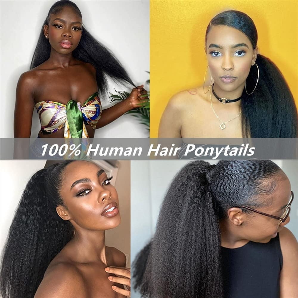 12"-26" Long Yaki Straight Ponytail Wrap Around Ponytail Hairpiece Clip in Brazilian Remy Hair Kinky Straight Ponytail Hair Extension for Black Women