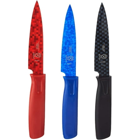 

Mercer Culinary Non-Stick Paring Knives with ABS Sheaths 4 Inch Red/Blue/Black 3 Pack