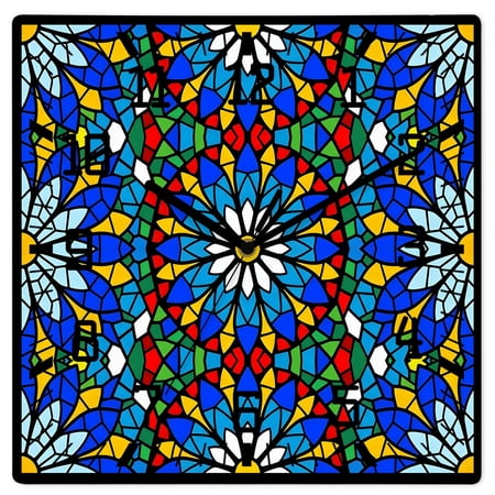 Wall Clock Blue Stained Glass Flower Operated Square Clocks Wooden Silent Non Ticking Wallclock 10