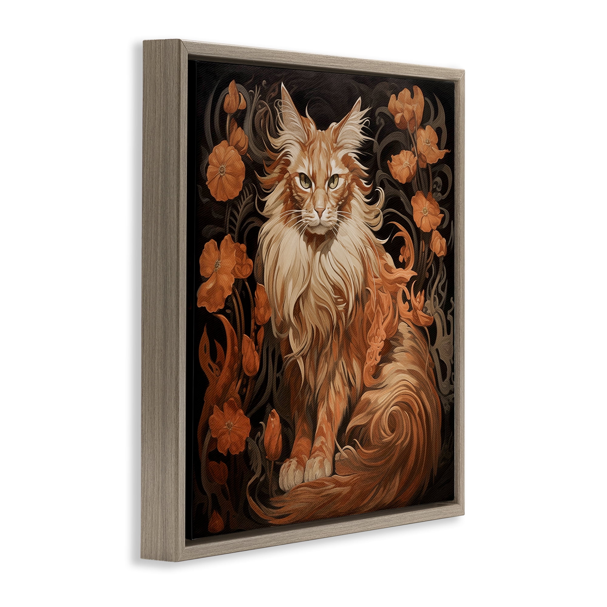 Stupell Industries Maine Coon Cat Portrait Animals Painting Brown Floater Framed Canvas Art Print Wall Art, 25 x 25