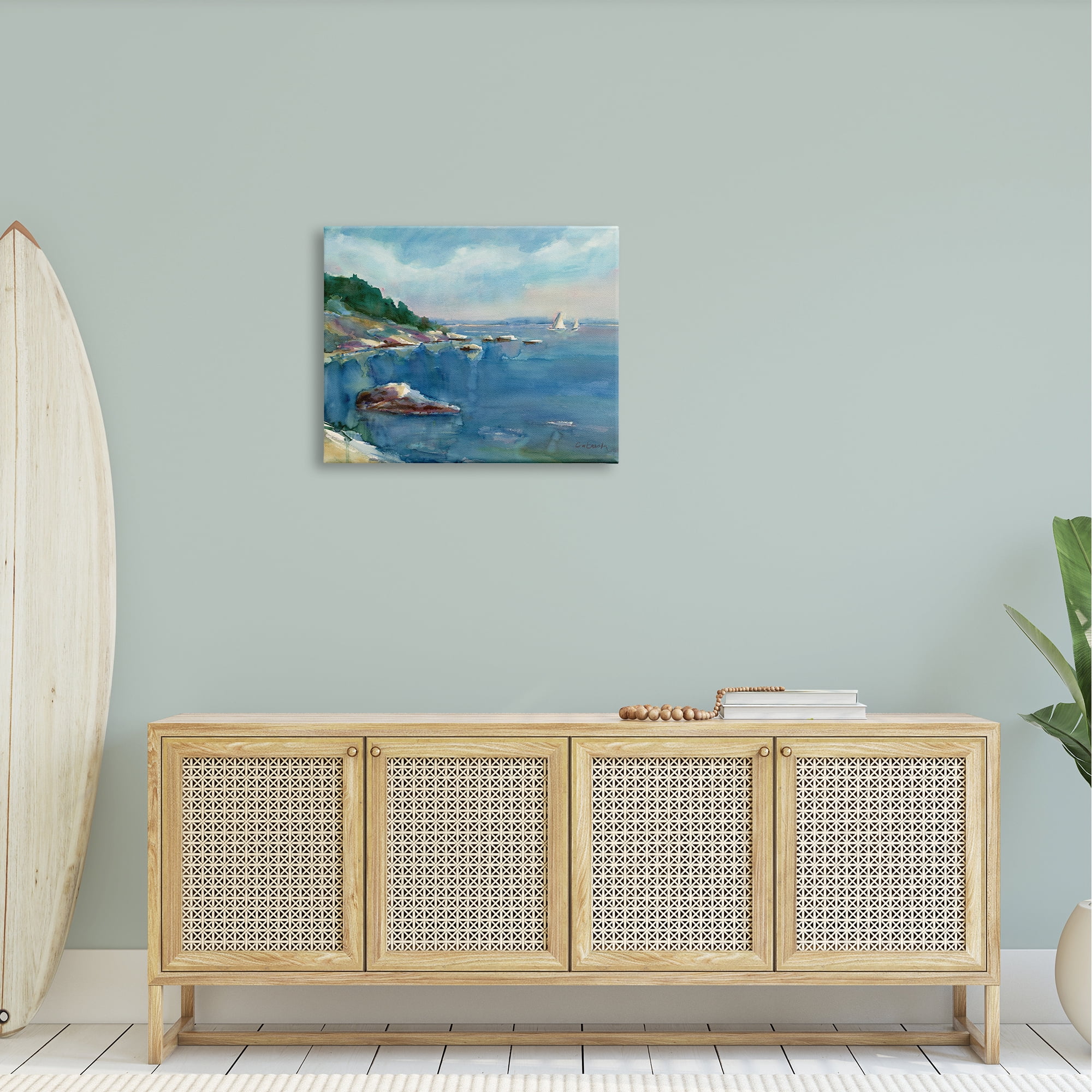 Stupell Industries Boats Floating Rocky Beach Cliffs Watercolor Detail Painting Gallery Wrapped Canvas Print Wall Art, Design by Stephen Calcasola