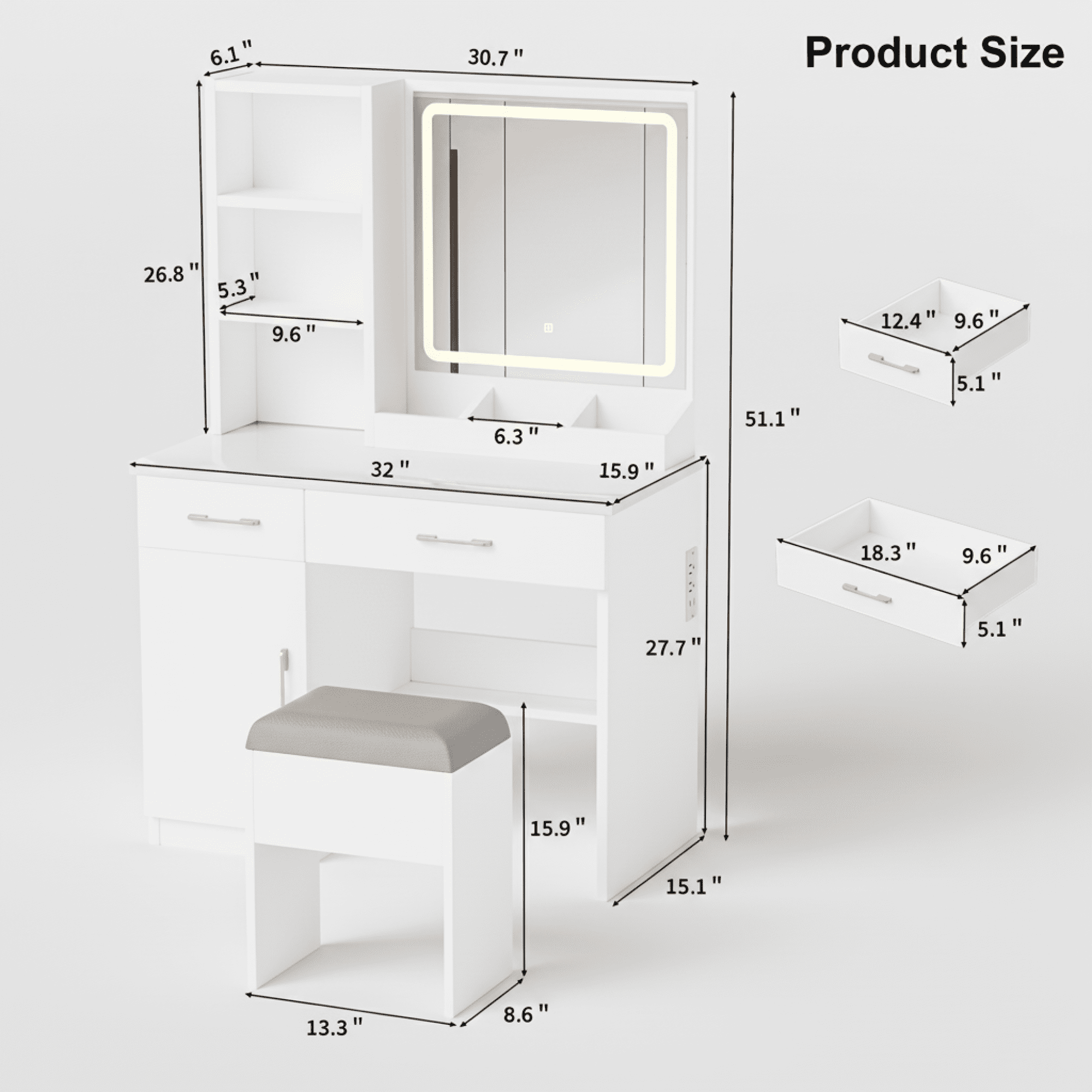 32" White Vanity Desk Set with Mirror and Lights, Makeup Table Dressing Table with with Large Storage Space and Cushioned Stool for Bedroom
