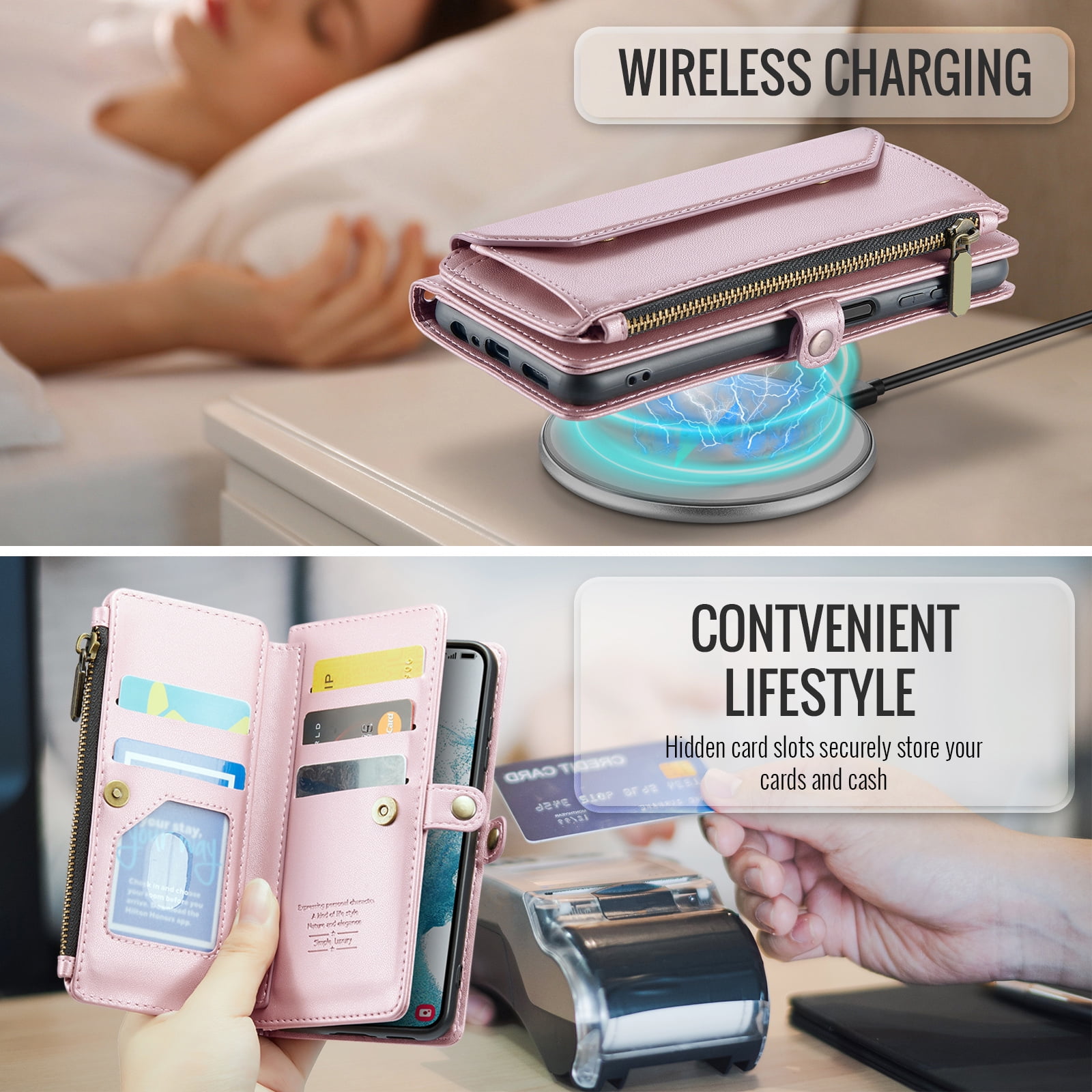 Asuwish Compatible with Samsung Galaxy S22 5G Zipper Wallet Phone Case Tempered Glass Screen Protector Crossbody Lanyard Strap Flip Card Holder Slot Cell Cover for S 22 22S 4G G5 6.1 Women Rose Gold