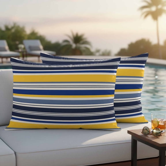 Navy Blue Yellow Striped Outdoor Pillow Covers 20x12 Inch Lumbar Pillow Covers Set of 2 Waterproof Decorative Throw Pillow Cases Farmhouse Vintage Stripe Cushion Covers for Patio Furniture Garden