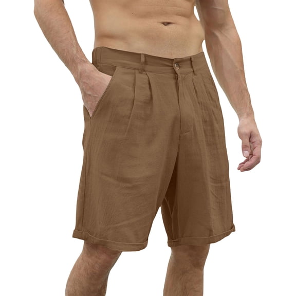 Men's Soild Color Cotton Linen Casual Shorts, Elastic Waist Classic Summer Beach Shorts for Men, Soft Breathable Relaxed Fit Lounge Shorts with Pockets Brown L