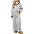 thumbnail image 6 of AKOEE Girls 2 Piece Outfits Spring Fall Long Sleeve Button Up Top and Wide Leg Pant Ruffled Clothes Sets (12-13 Years, Gray), 6 of 6