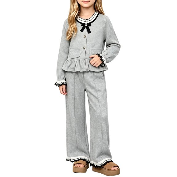 LvhaoGJOB Little Kids Girls Cardigan and Pants Outfit Set, Gray - bow detail, scalloped lace cuffs