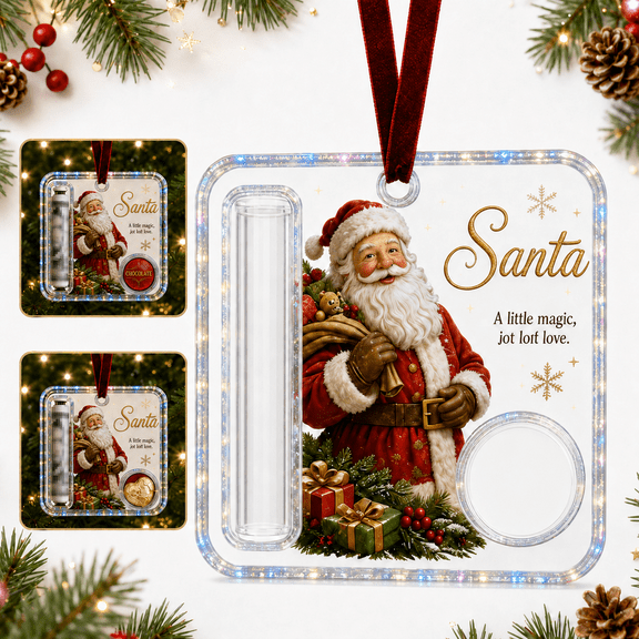 Christmas Acrylic Cash Gift Holder Ornament, 3.94 in Money & Treat Holder with Red Hanging Cord, Reusable Xmas Tree Decoration, Santa