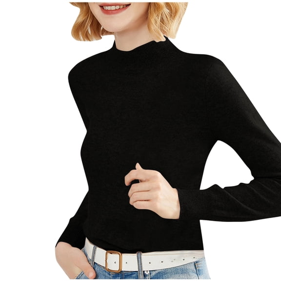 Qulqfy Women's Long Sleeve Shirts Black Casual Solid Color Mock Neck Shirts Pullover Winter Tops for Women L