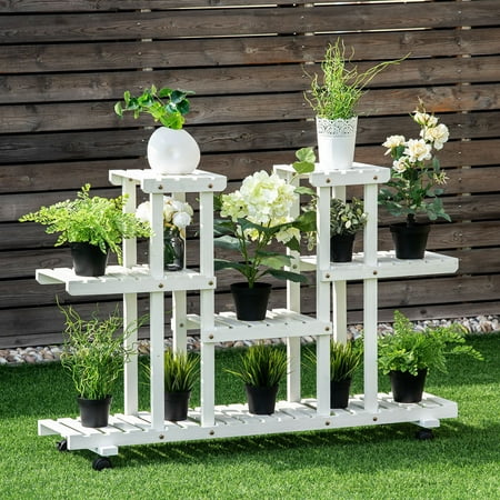 - Costway 4-Tier Rolling Flower Rack Wood Plant Stand Casters 12 Pots Bonsai Display Shelf