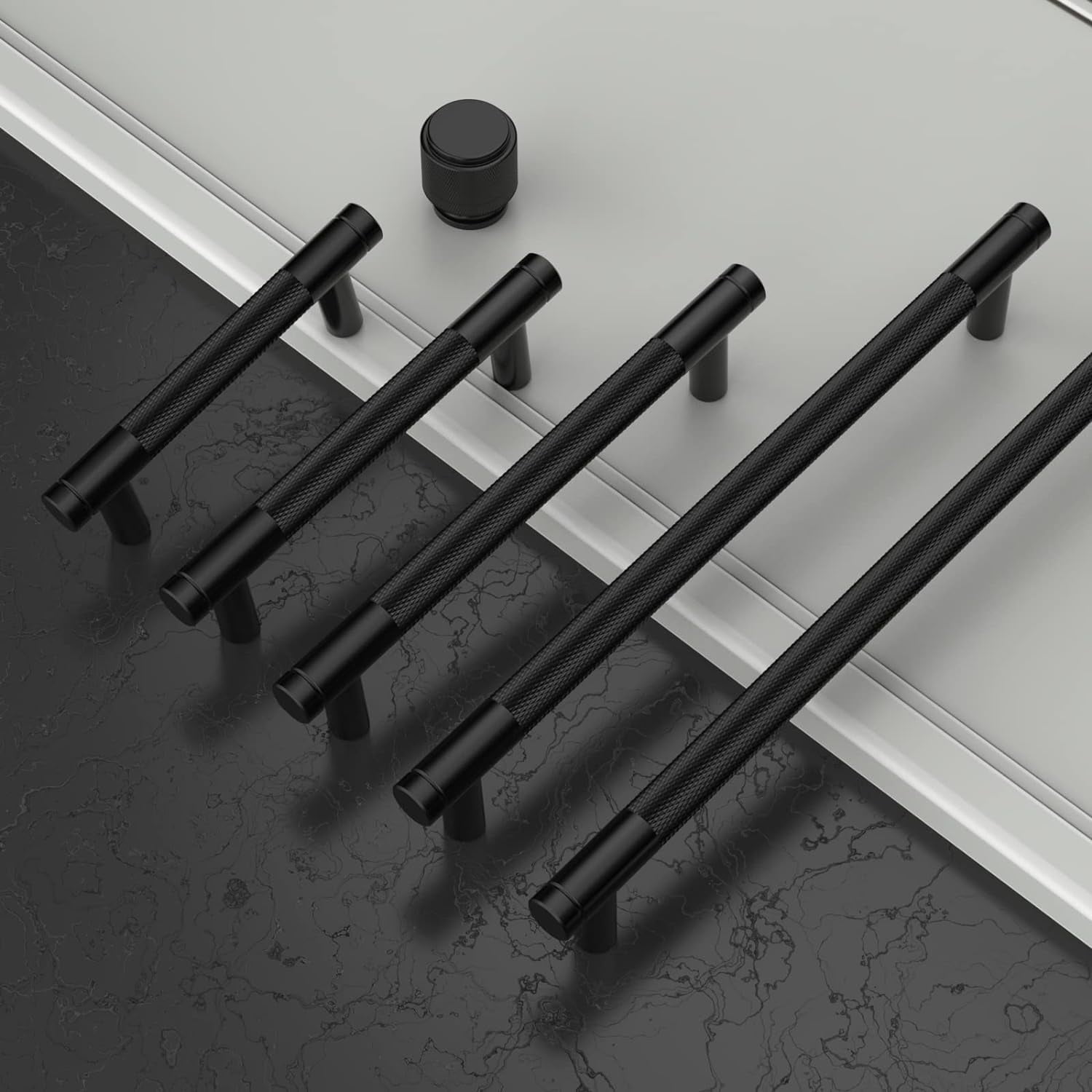 10 Pack Matte Black Cabinet Pulls - Knurled 5 Inch Hole Centers Kitchen Drawer Handles