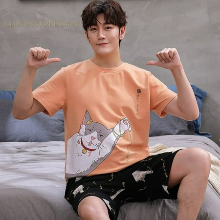 

QWZNDZGR Summer 100% Cotton Cartoon Print Couple Pajama Sets Pyjamas Kawaii Sleep Lounge Short Yellow Sleepwear Suits Pajamas for Lovers