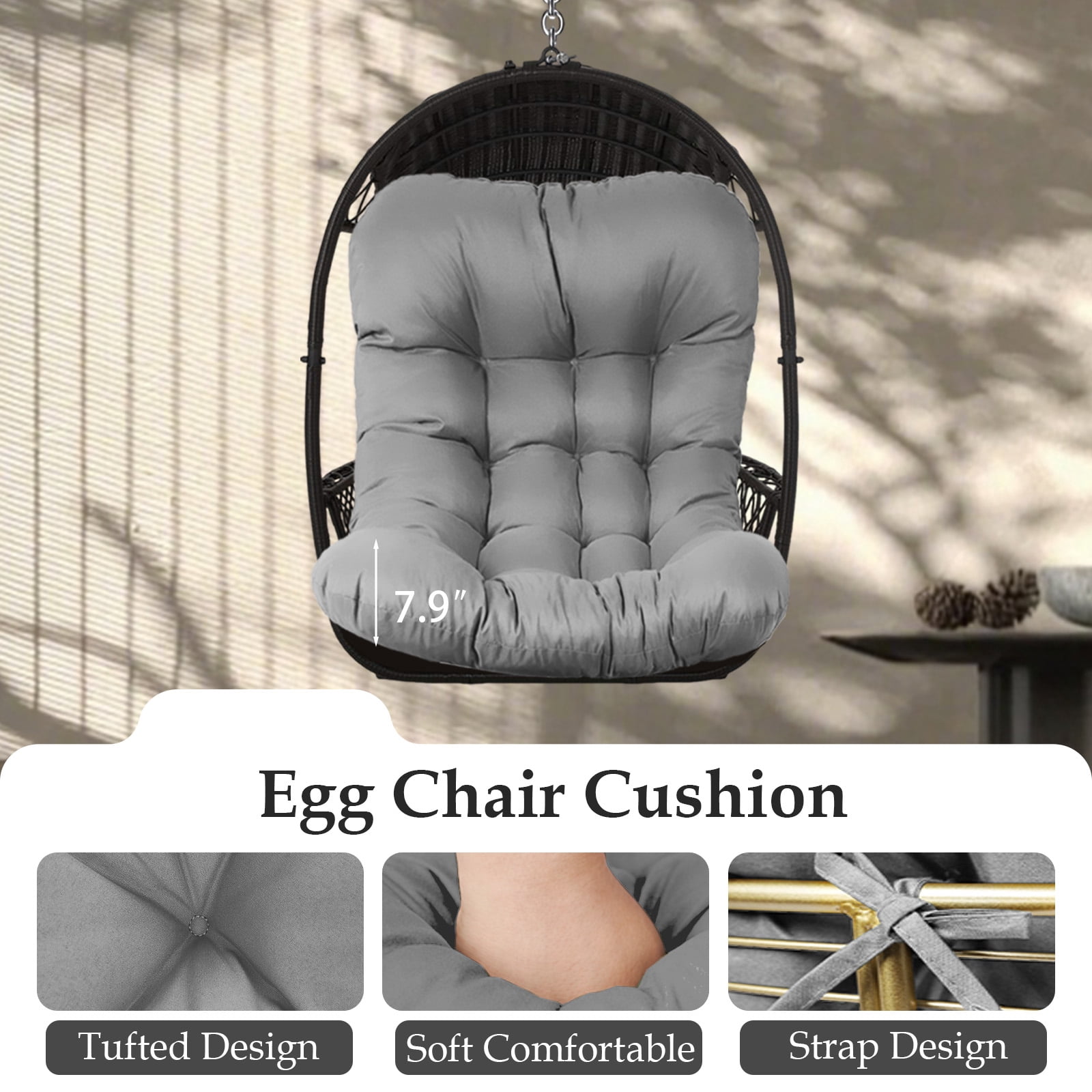 XXLYY Outdoor Egg Chair Cushion Replacement, 7.9”Thick Waterproof Hanging Chair Cushion with Ties for Patio & Porch