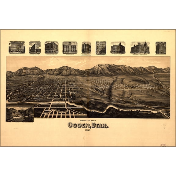 24"x36" Gallery Poster, Perspective map of Ogden, Utah 1890