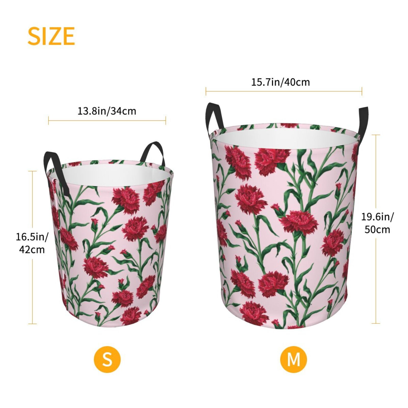 Large Laundry Basket with Handles - Green Leaves Carnations Flowers Kids Baby Dirty Clothes Laundry Hamper for Bedroom Aesthetic