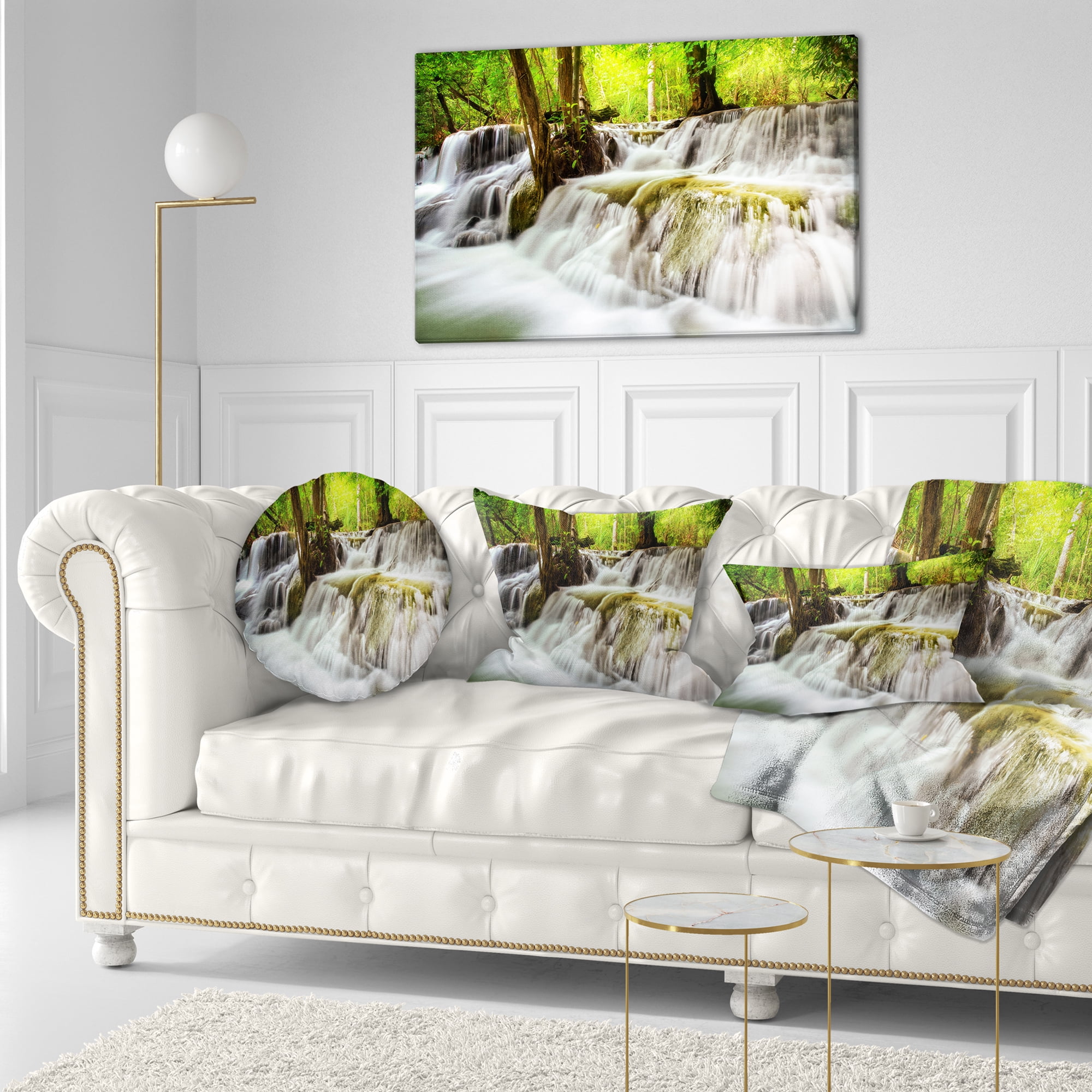 Designart Level Five of Erawan Waterfall - Landscape Printed Throw Pillow - 12x20