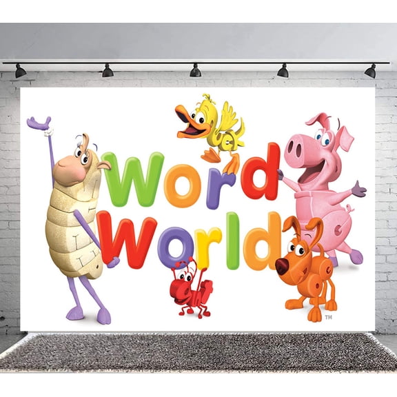 Word World Backdrop Banner Party Supplies Poster Movie Theme Background for Photography Birthday Decorations