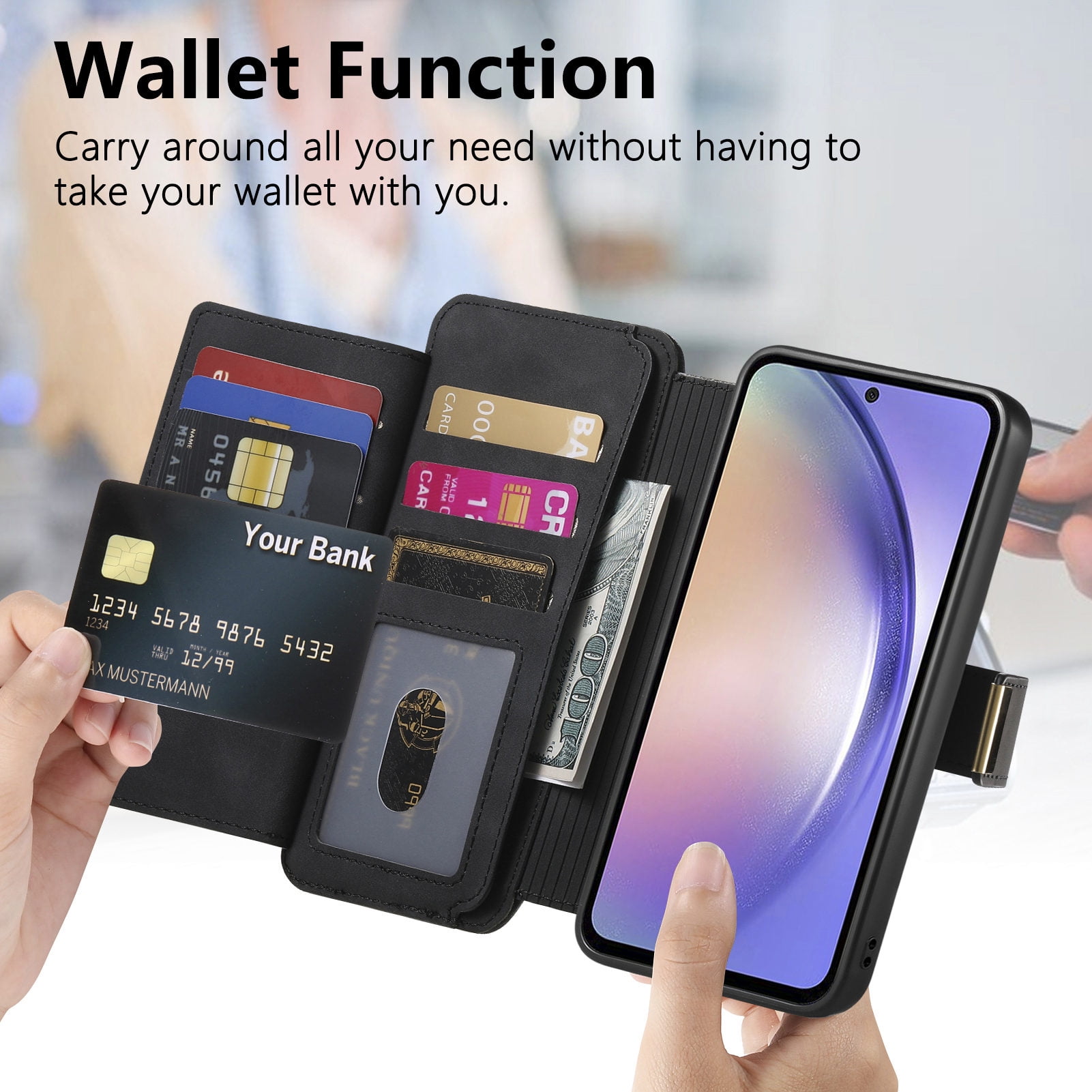 TECH CIRCLE for Galaxy S24 FE 2-in-1 Phone Case 6.7" 2024, Magnetic Back Cover with Removable Flip Wallet Case, with Card Slots/Ring Holder Grip, Compatible with MagSafe, PU Leather Case, Black