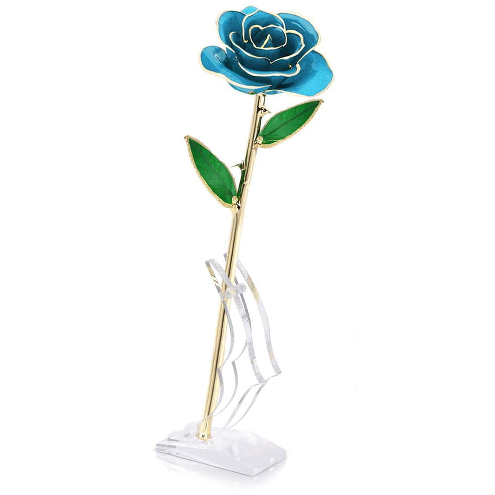 11" Long Stem Dipped 24K Gold Foil Trim Real Rose Love Flower Mother's Gift Blue 