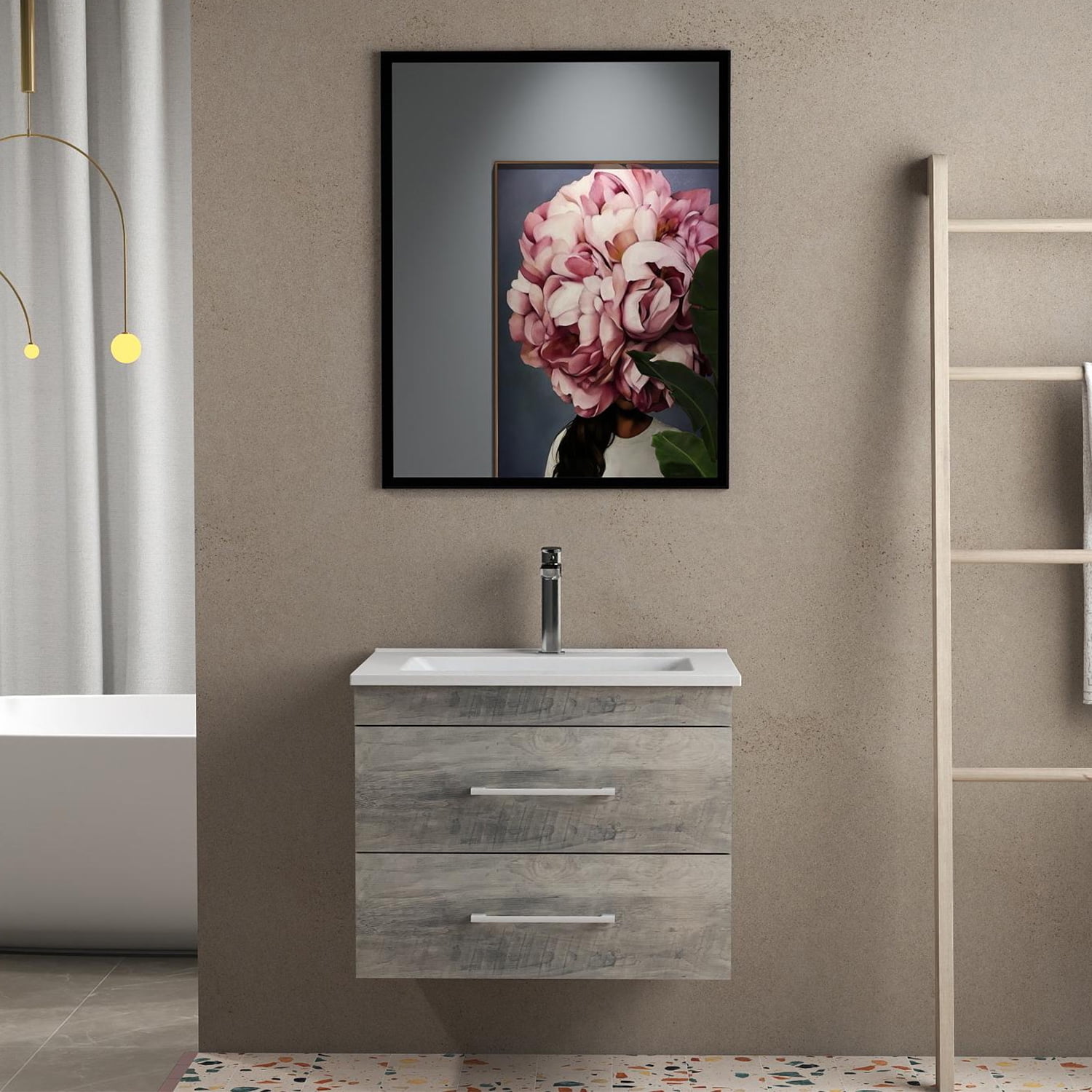 Demi Bonn 24" Wood Grain Wall-Mounted Bathroom Vanity with Ceramic Sink, 2 Soft-Close Drawers and Aluminum Frame Mirror, Faucets and Drains Not Included, Gray