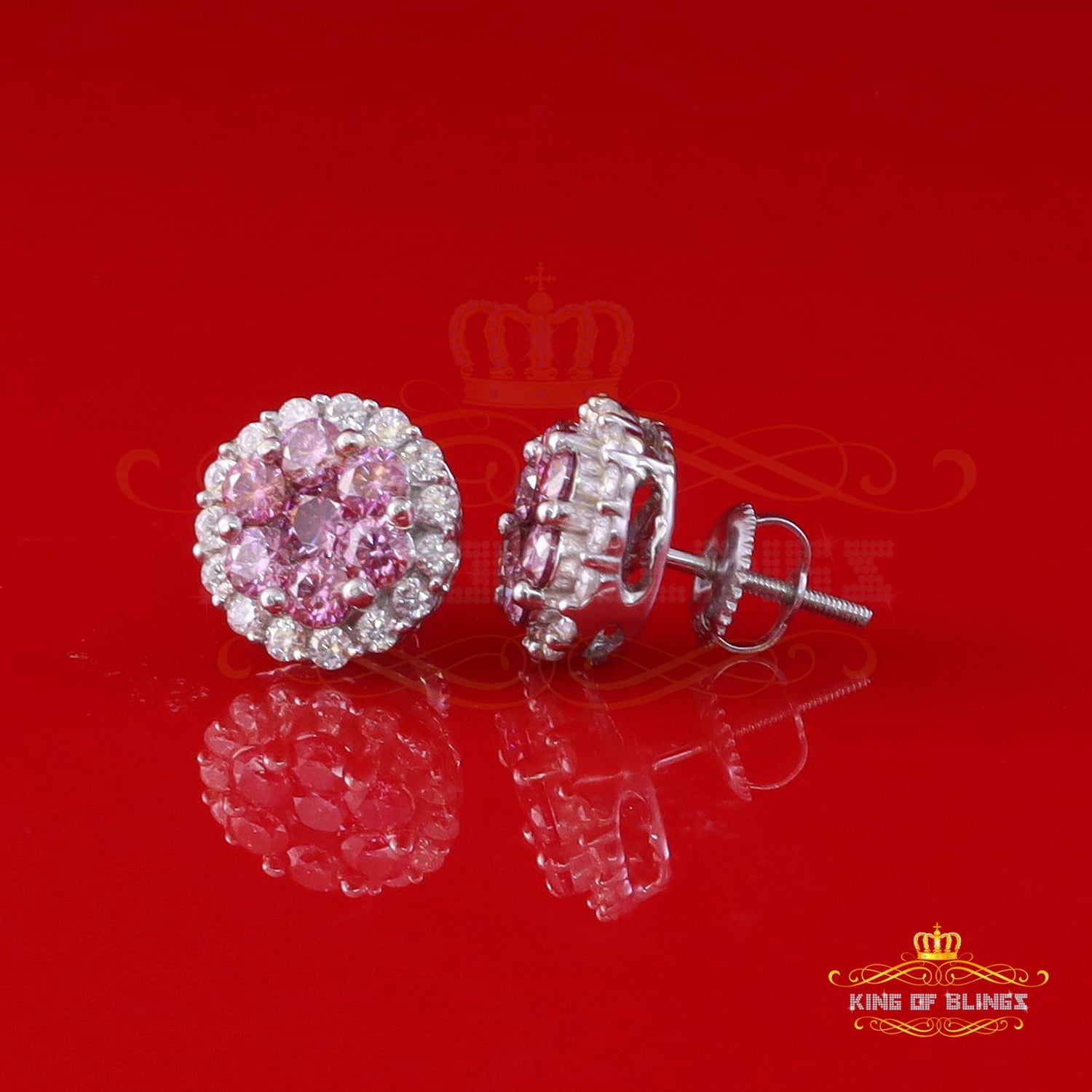 King of Bling's Men's/Women's 925 Silver White 2.00ct VVS D Pink Moissanite Round Stud Earrings