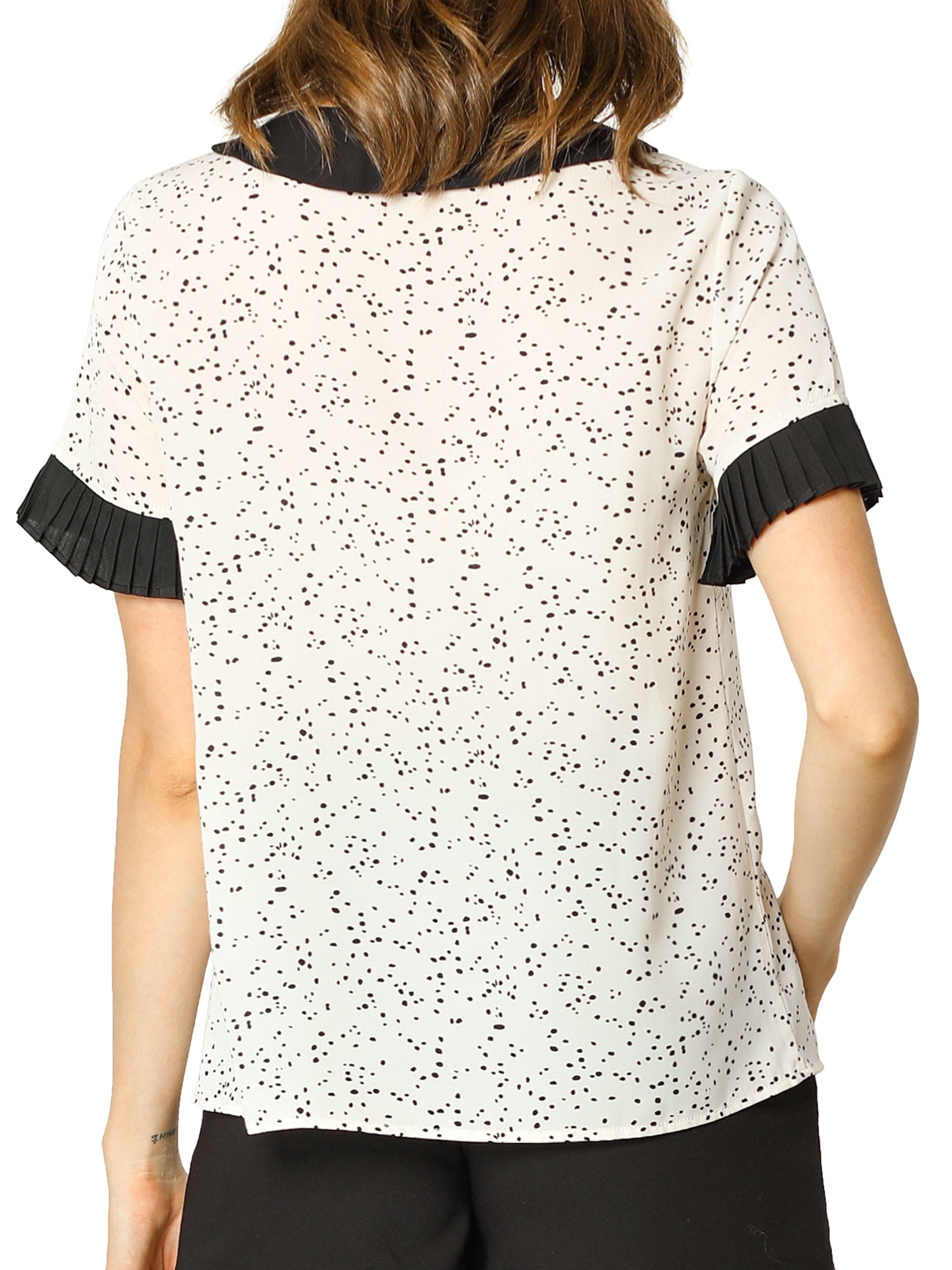 Unique Bargains Women's Polka Dots Contrast Doll Collar Short Sleeves Top S Beige