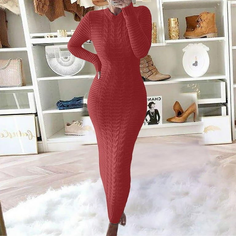 Prolriy Sweater Dresses for Women 2024 Trendy Autumn and Winter Sweater Fashion Long Sleeved Woolen Dress Womens Sweater Dress Watermelon Red M