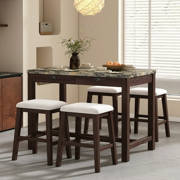 5-Piece Dining Table Set for 4, Counter Height Kitchen Table Set with Marble Top, Dining Room Set 4 Luxury Velvet Stools, 4-Drawers Table