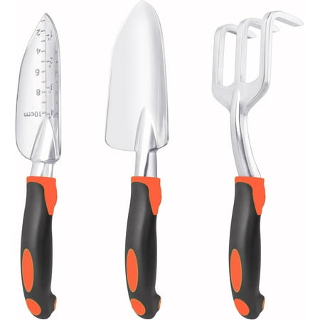Garden Tools Set, 3 Pack Heavy Duty Gardening Tools Set Include Garden Shovel, Transplant Trowel and Hand Rake with Ergonomic Non-Slip Handle, Aluminum Alloy Lawn for Planting, Orange