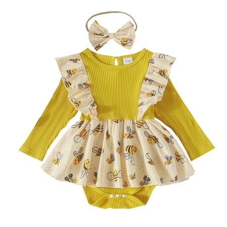 

Girls Long Sleeve Cartoon Prints Romper Ribbed Bodysuits Dress Headbands Set Baby Boy Clothes Fall Onesies Baby Girl The First Fall