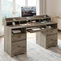 Bestier Farmhouse Executive Desk with Drawers, 59" Wood Computer Desk with Charging Station, Home Office Desk with Keyboard Tray & Monitor Stand,File Cabinet Sturdy Desk for Work Study, Gray